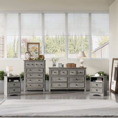 4 Pieces Bedroom Set Include 8 Drawer Dresser, 6 Drawer Tall Chest And 2 Nightstands, Gray