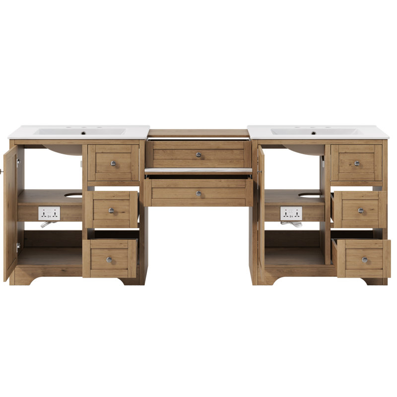 84'' Double Bathroom Vanity With Quartz Top And Buld In Power Outlets, Natural Wood
