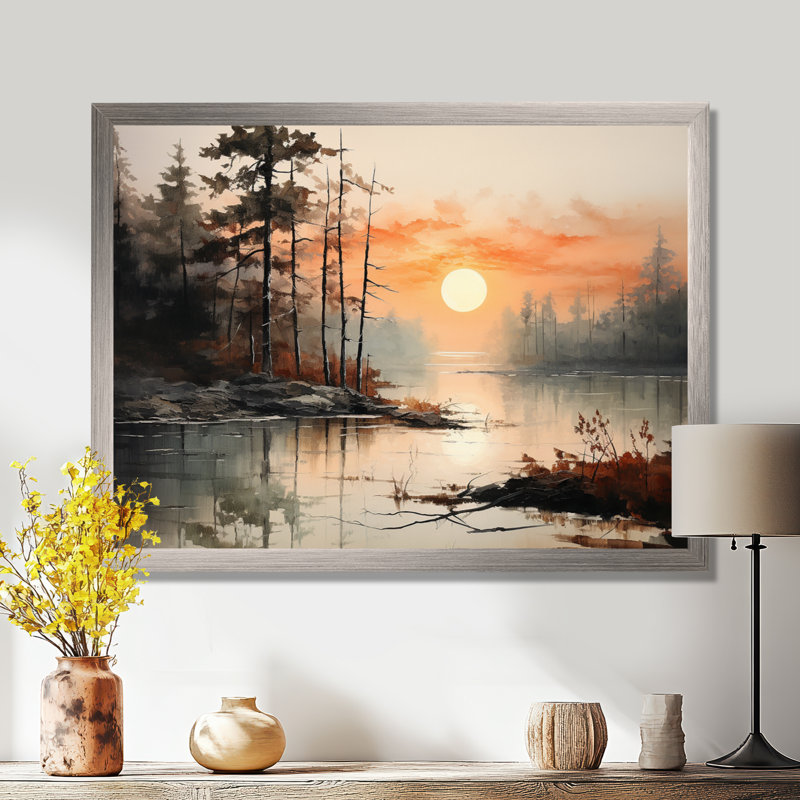 «Lake Misty Morning Reflections I - Lakes Lakehouse», art mural sur toile, Cadre simple argenté, H 34 po x l 44 po x P 1,5 po
