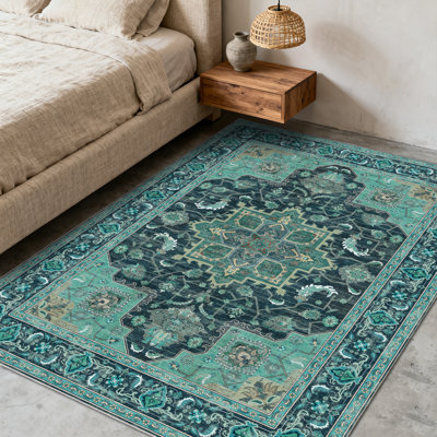 Vintage Boho Area Rug, Green Rugs for Living Room, Soft Low Pile Indoor Outdoor Rugs, Washable Non Slip Faux Wool Throw Rug, Large Carpet for Bedroom Dining Room Table Home Decor Use, Ideal For High Traffic Areas