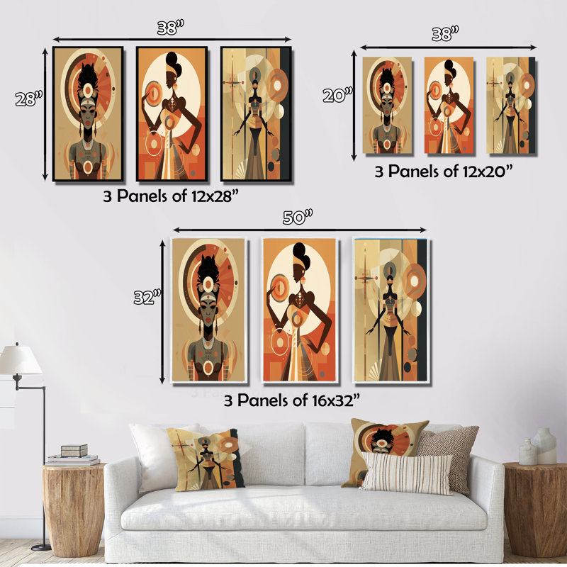 «Déesse africaine graphique rétro dans les tons de terre I», 3 pièces, Toile tendue, H 48 po x l 32 po