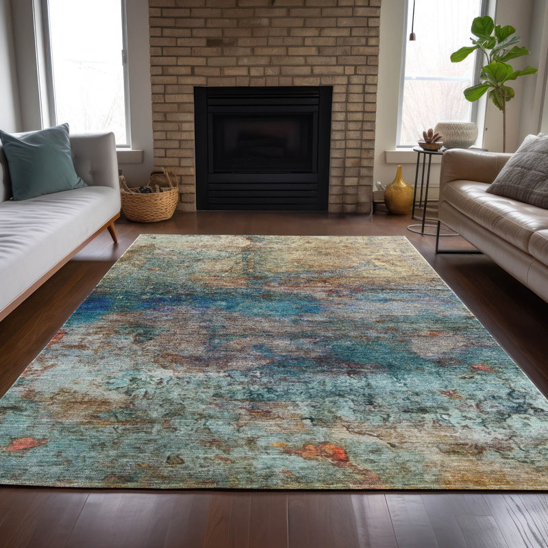 Tapis bleu sarcelle lavable à la machine intérieur / extérieur Xhevrie, Rectangle 10 pi x 14 pi