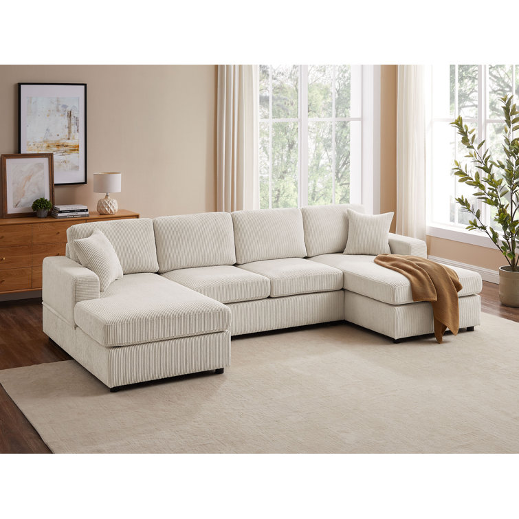 3 Pieces Upholstered U-Shaped Large Sectional Sofa with Thick Seat and Back Cushions Latitude Run Body Fabric: Beige Polyester Blend