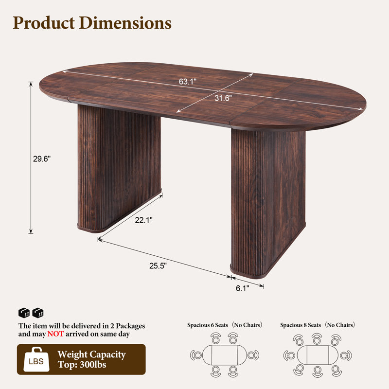 63" Fluted Oval Dining Table Double Pedestal Kitchen Table For 4-6 With Thickened Edge, Luxury Table For Dining Room/Kitchen