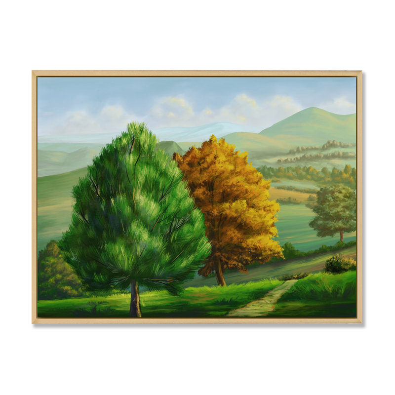 Arbre vert et orange dans les champs - Peinture sur toile, H 12 po x l 20 po x P 1 po, Cadre flottant en érable