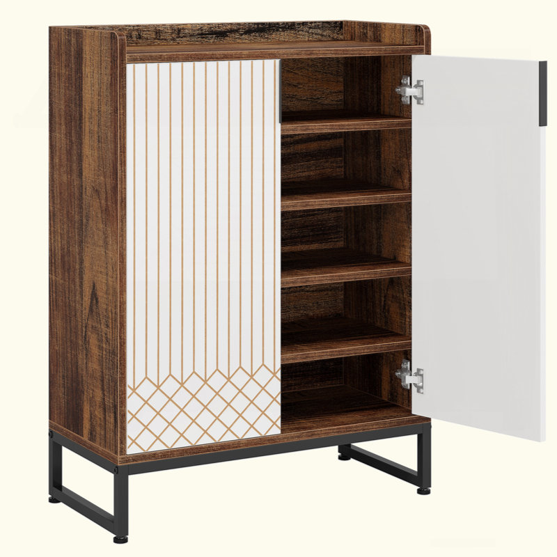 5 Tiers Shoe Storage Organizer, Freestanding Shoe Cabinet with Doors for Entryway Hallway, Brown/White