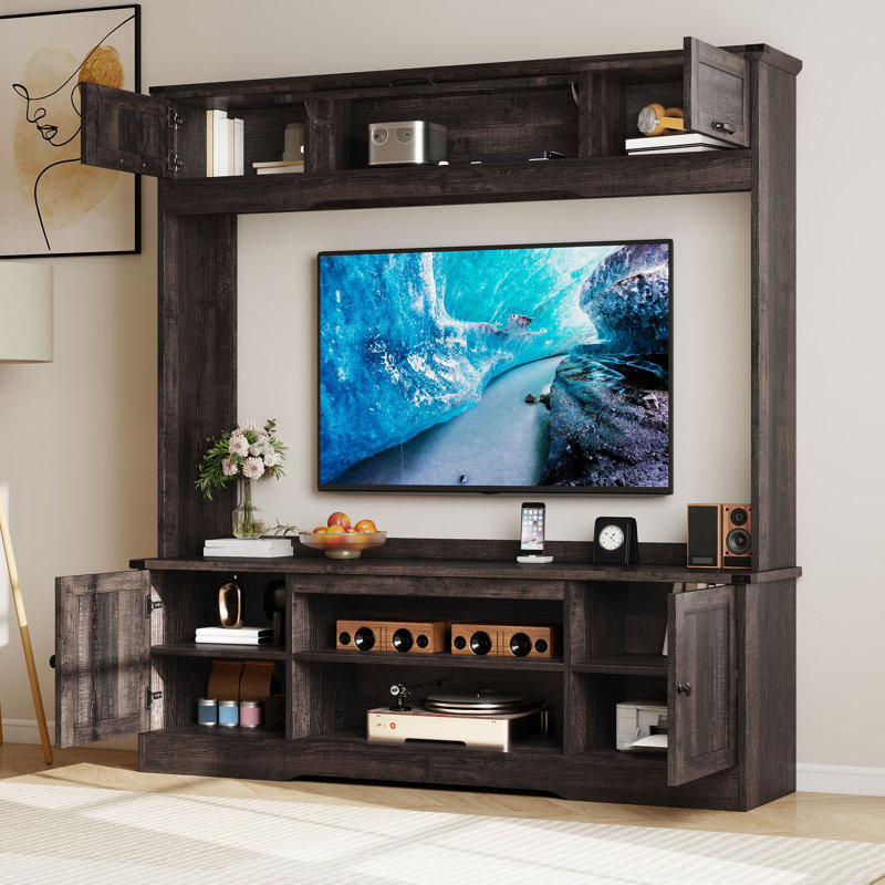 63"W Wall Unit Entertainment Center With Power Outlets & Adjustable Storage Cabinet, Black Oak
