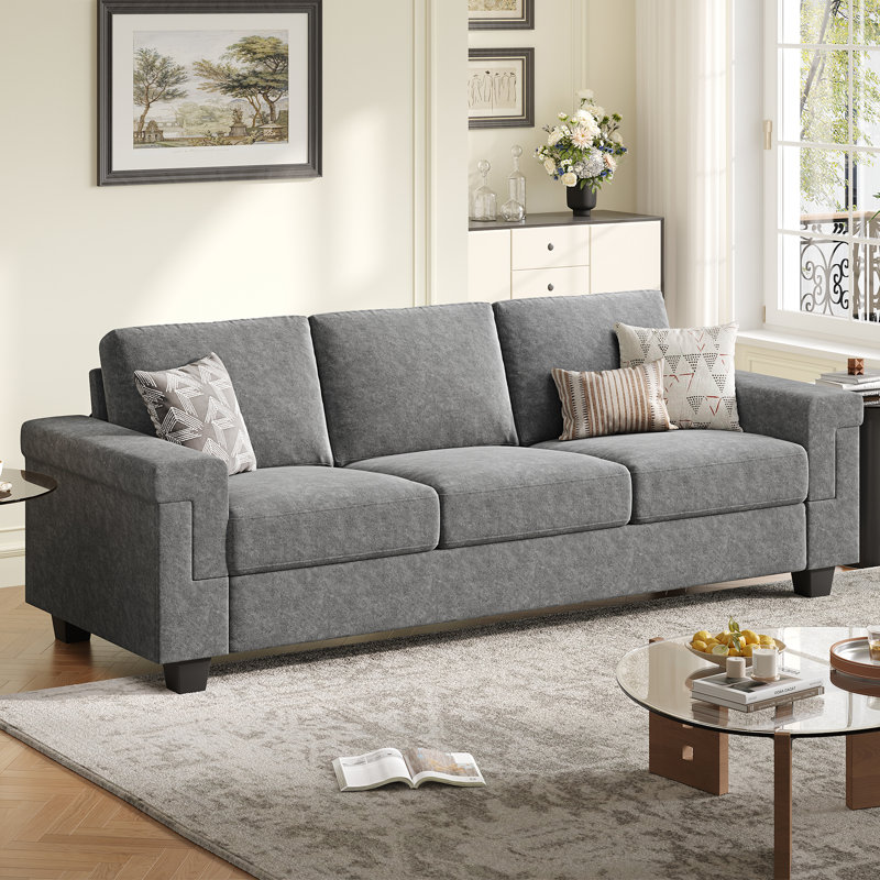 Canapé en polyester à accoudoirs carrés Dereon, H 32,7 po x l 90 po x P 35 po, Gris clair