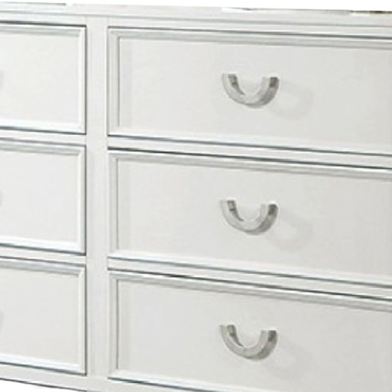 Commode large Kiki avec 6 tiroirs, pieds de support, bois massif blanc