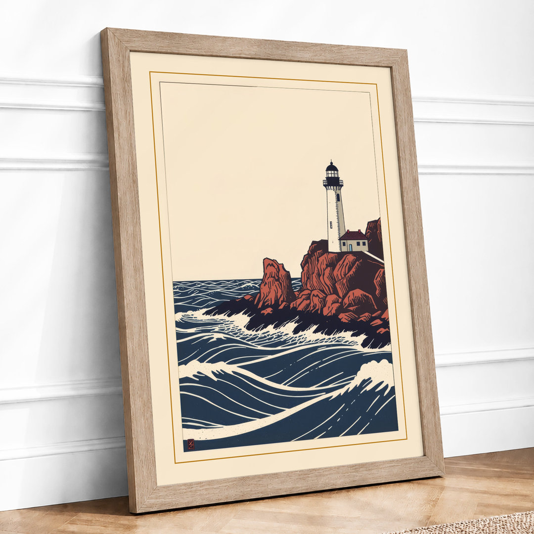 Lighthouse in Turbulent Seas Coastal - Framed Print