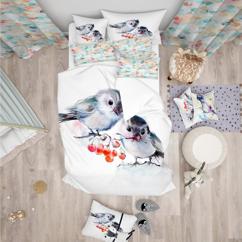 Ensemble de housse de couette designart oiseaux on branch, Housse de couette grand + 2 taies décoratives