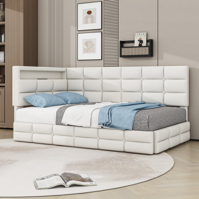 Lit de jour simple rembourré avec tiroirs de rangement, lumière DEL et port USB, Beige