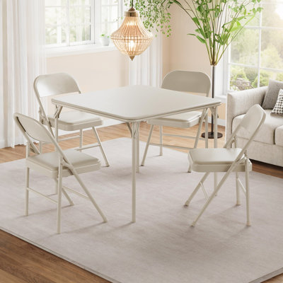 Ensemble de table de salle à manger pliable 5 pièces avec 4 chaises - Table carrée compacte pour petits espaces, structure en métal et chaises rembourrées en similicuir, petit déjeuner moderne (noir / beige / gris)
