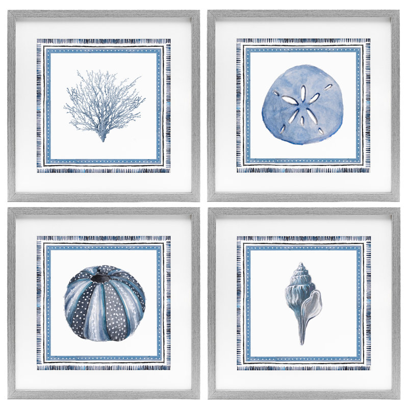 Ensemble de 4 impressions encadrées sous-verres Coastal Teal, H 16 po x l 16 po, Cadre de ferme gris