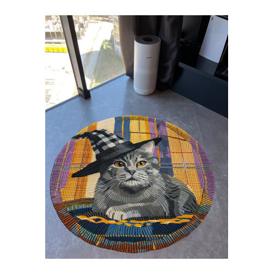 Paris Collection Round Hat Cat Pattern Woven Base Modern Decorative Machine Washable Rug