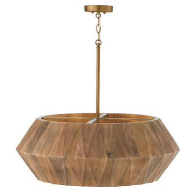 29" W x 11" H 6-Light Pendant in Hand-distressed Patinaed Brass and Handcrafted Mango Wood