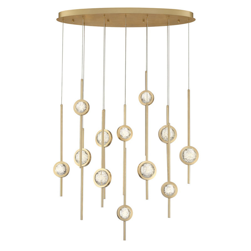 Chnadelier DEL 12lt, aluminium anodisé + boule ensemencée transparente, grosse et petite boule moitié en moitié, Laiton