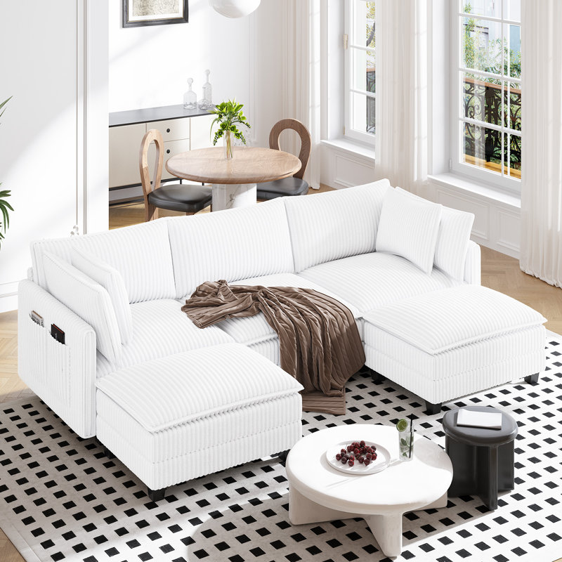 109" U Shaped Cloud Modular Sofa With 2 Ottomans, White Corduroy
