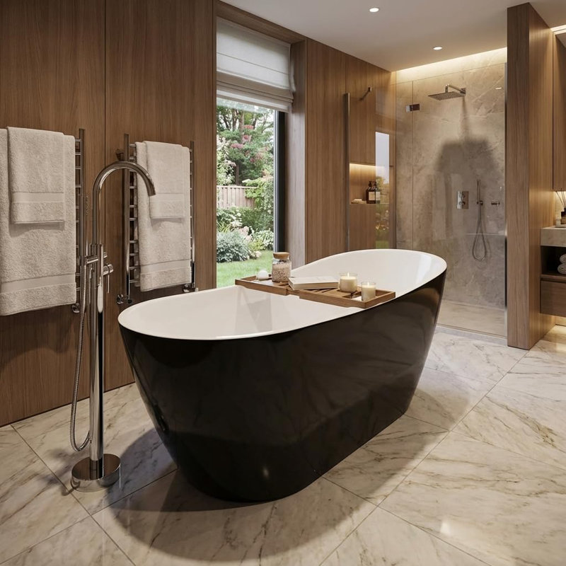 59" Freestanding Acrylic Bathtub, Deep Soaking Tub with Non-Slip Base & Chrome Drain, Modern Tub for Bathrooms, Black Upturned
