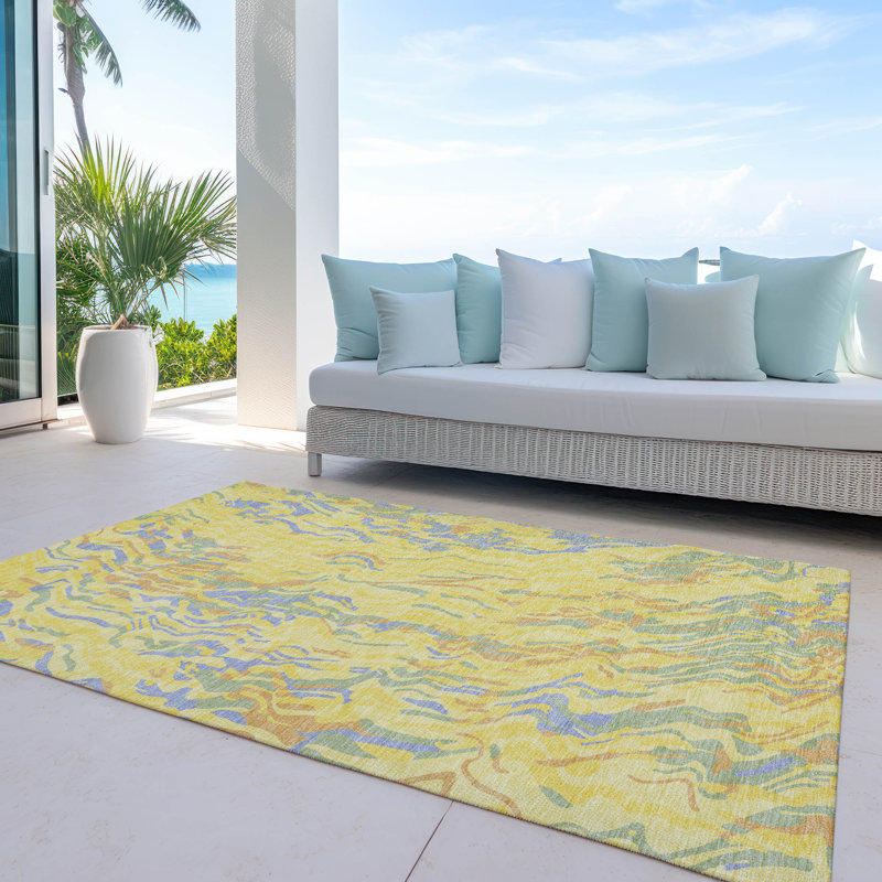 Yellow Rectangular Flat Woven Synthetic Washable Rug, 46" x 30"