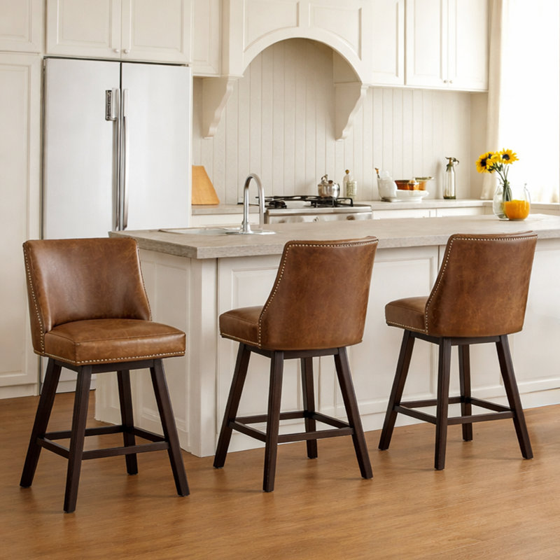 26" Swivel Counter Bar Stools, Counter barstools with Wood Frames,Vintage Brown, 1, Brown