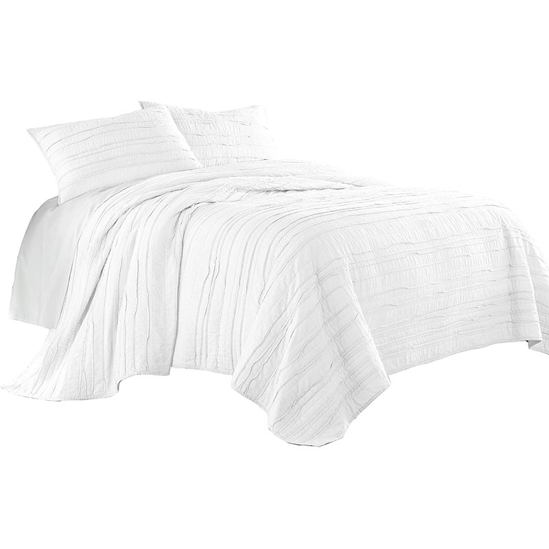 Pre-Washed Solid Cotton Soft-Finished Ruffled Quilt Set, Queen Quilt + 2 Standard Shams, White