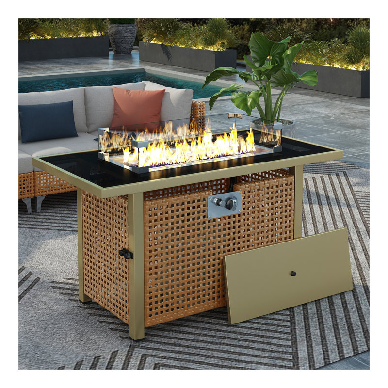 Table de foyer d'extérieur au gaz propane K&K de 43 po, foyer d'extérieur rectangulaire en osier à tissage ouvert de 60000 BTU avec pare-vent en verre pour terrasse de jardin