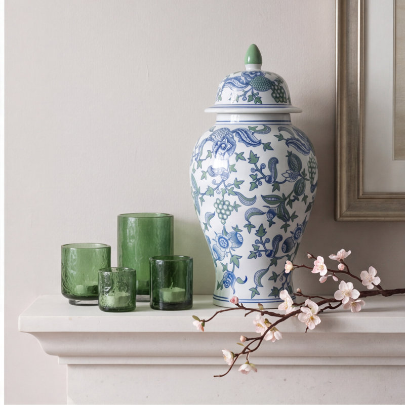 20.1-Inch Tall Decorative Porcelain Ginger Jar with Cherry Blossom Pattern - 10" Diameter, Multicolor