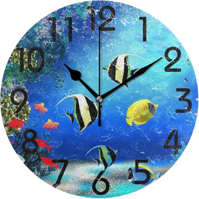 Naanle 3D Stylish Underwater World With Fish And Plants Print Round Wall Clock Decorative, 9.5 Inch Battery Operated Quartz Analog Quiet Desk Clock For Home,Office,School