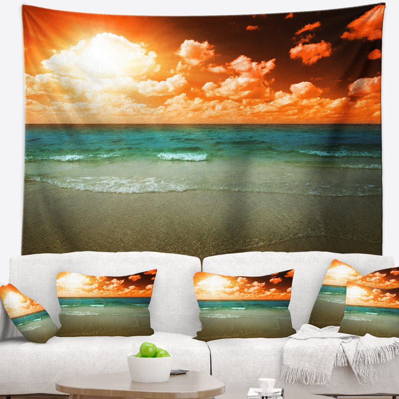 Tapisserie de paysage marin sur une plage tropicale, H 50 po x l 60 po