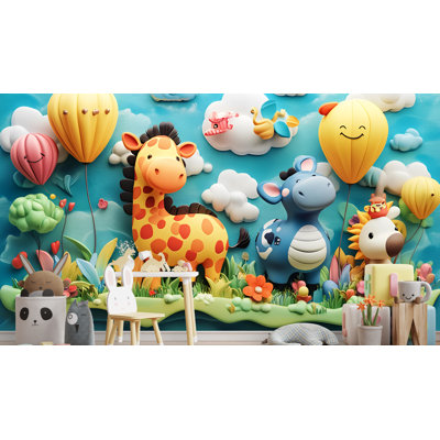 Papier peint animal Safari - Papier peint de dessin animé girafe, vache et lion pour chambre de bébé, chambre de bébé ou salle de jeux - motif de jungle doux et coloré