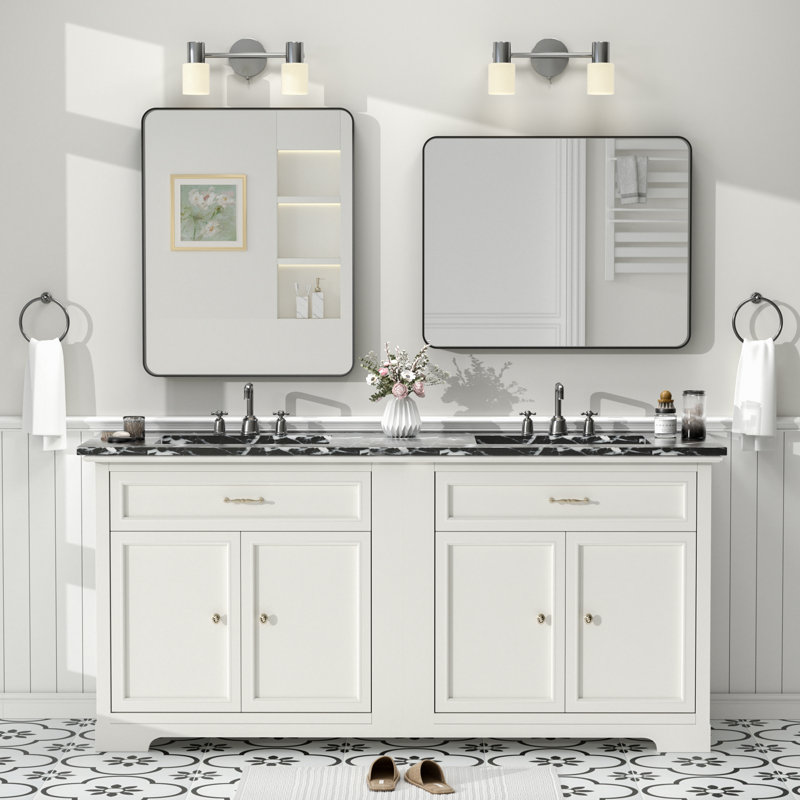 Molly Tempered Glass and Metal Framed French Cleat Mounted Wall Bathroom / Vanity Mirror, Black, 30'' x 24'', Rectangle 