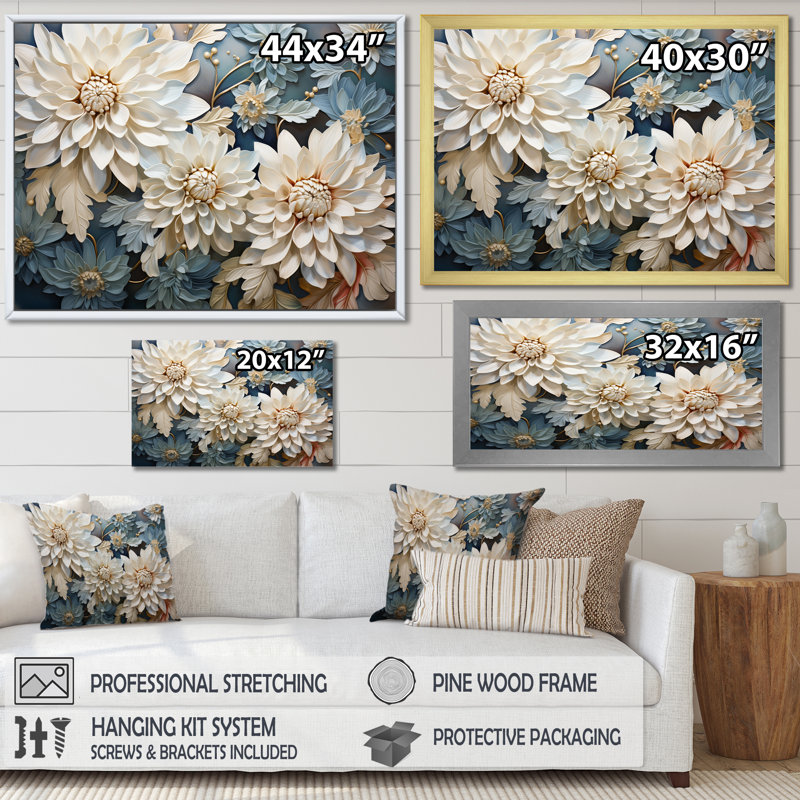 «Chrysanthemums White Blue Mosaic Garden IV - Chrysanthemums», art mural sur toile, H 34 po x l 44 po, Cadre naturel flottant
