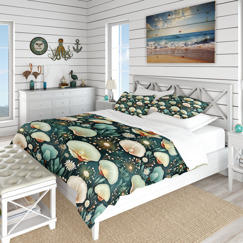 Coastal Seashells Coastal Motif - Ensemble de housse de couette Coastal - Microfibre de polyester