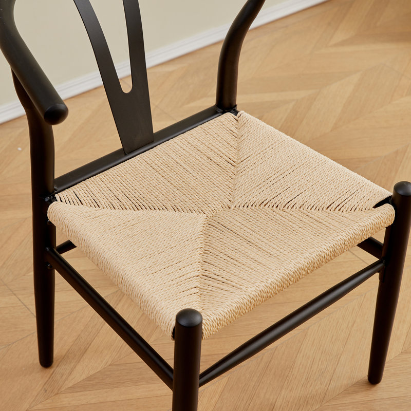 Set Of 2 Chairs - Mid-Century Dining Chairs - Natural Wood Color Frame With Woven Seat, Black