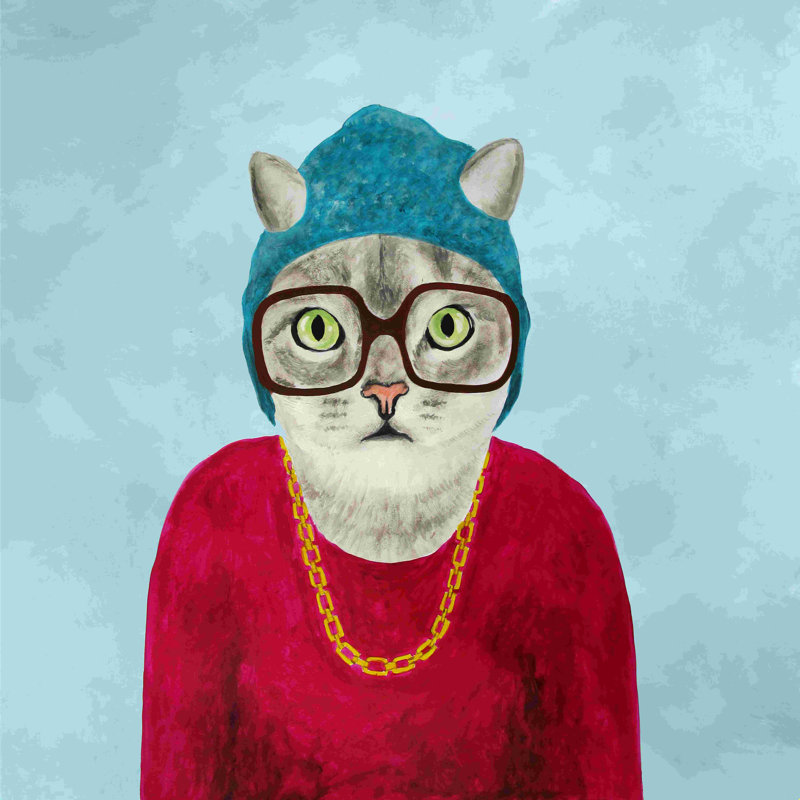 Chat rappeur - peinture sur toile tendue, H 12 po x l 12 po, Non, Toile tendue