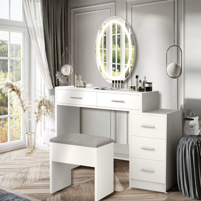 Bureau de coiffeuse ovale avec miroir et lumières Wrought Studio ™
