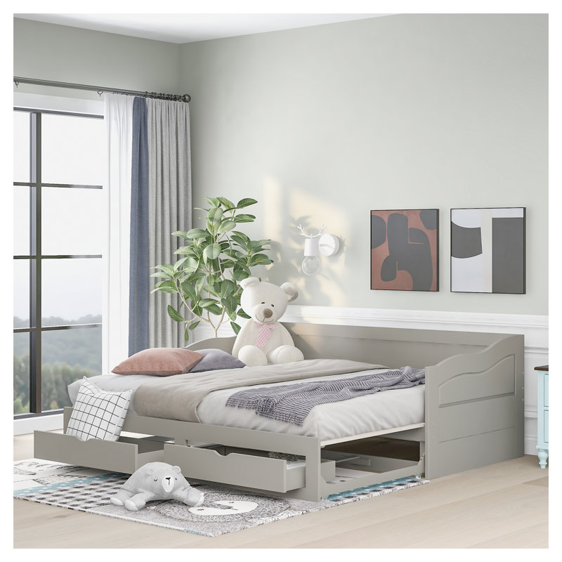 Gray Solid Wood Daybed with Roll-Out Trundle and Two Storage Drawers