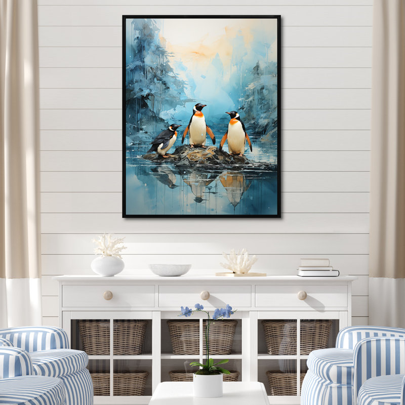 Pingouins antarctiques élégance IV sur toile, Cadre flottant noir, H 32 po x l 16 po x P 1 po