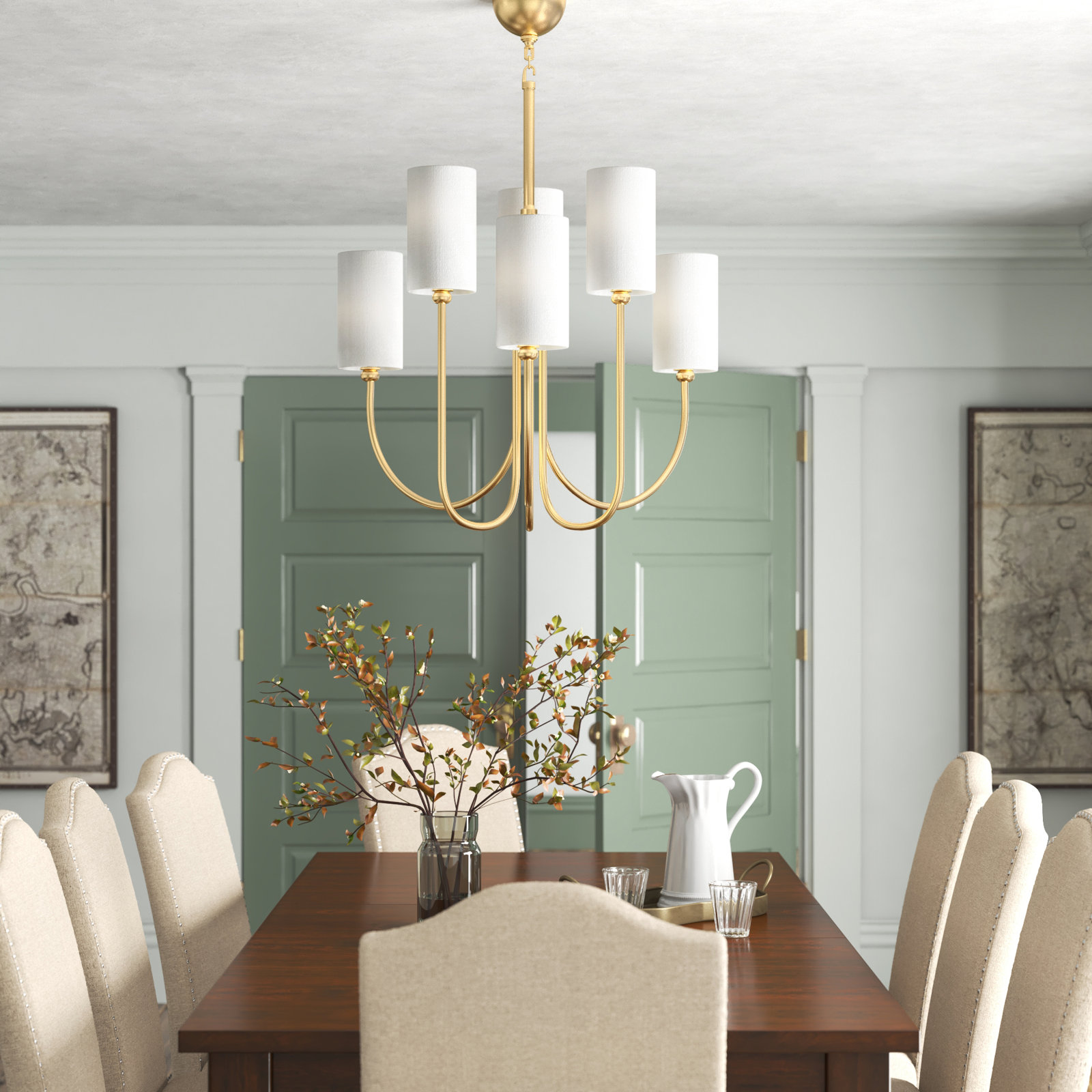 6 - Light Chandelier, Aged Brass
