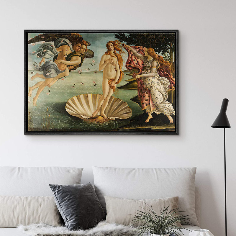 Célèbre œuvre d'art IDÉE4WALL, reproduction d'art sur toile encadrée, "La naissance de Vénus" par Botticelli, Noir