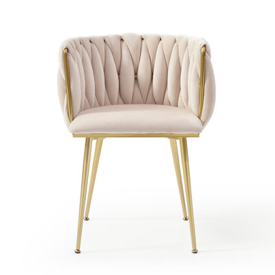 Set of 2 Modern Woven Velvet Dining Chairs, Upholstered Vanity Chairs with Golden Metal Legs for Kitchen & Living Room