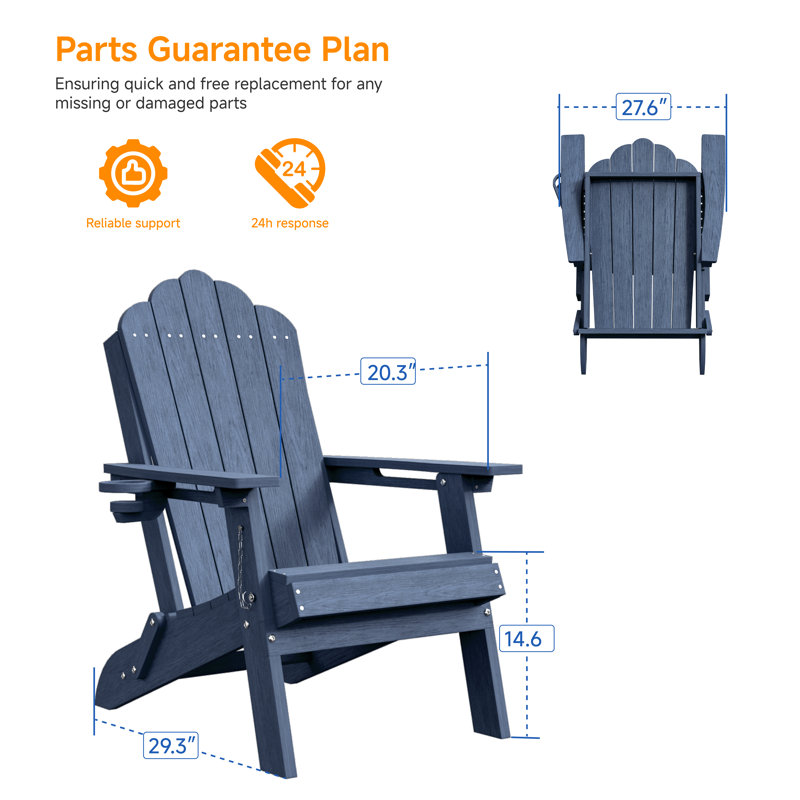 Ergonomic Folding Adirondack Chair with Cup Holder, All-Weather Patio Adirondack Chair for Outdoor, Easy Assembly, Navy