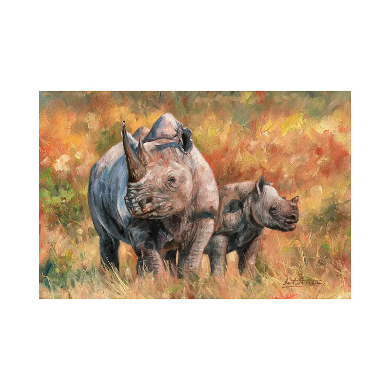 Rhino And Baby by David Stribbling - Gallery-Wrapped Canvas Giclée on Canvas, Canvas, 20.32 cm H x 30.48 cm W