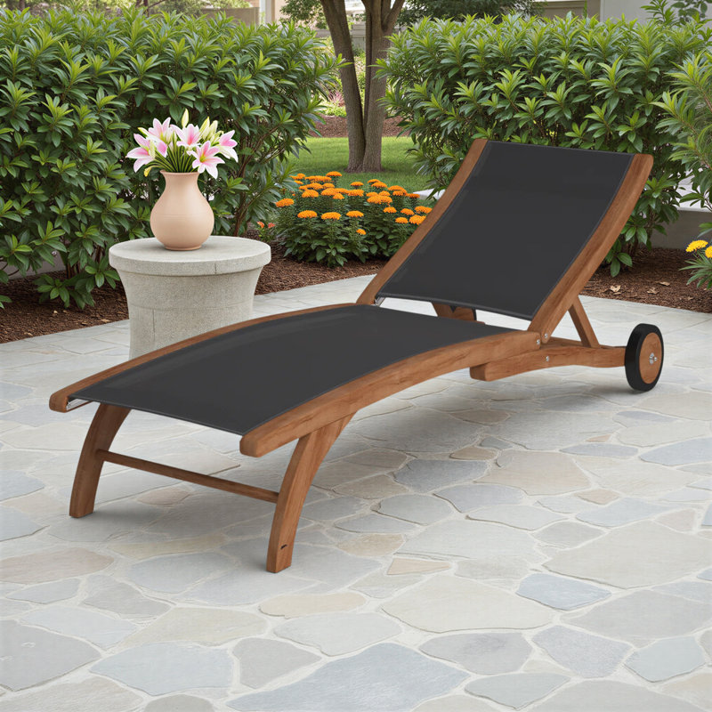 Tolya Outdoor Teak Wood Chaise Lounge, Black
