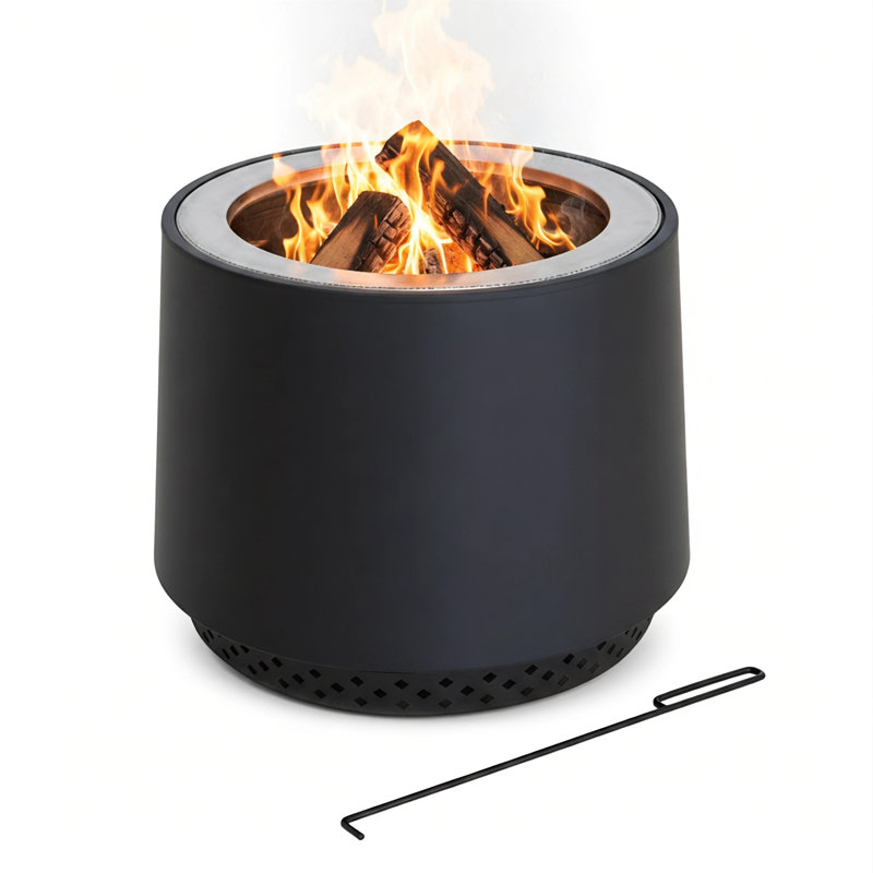 Sunjoy 21" Round Smokeless Wood Burning Fire Pit with PVC Cover & Fire Poker for Outdoor Backyard Camping, Black