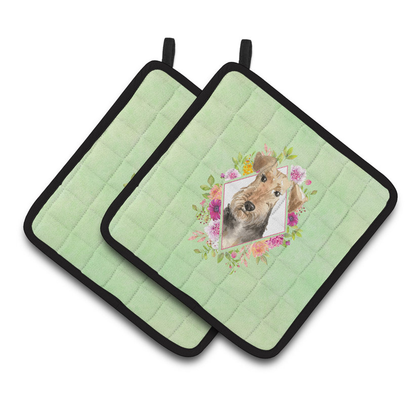 Ensemble de cuisinier poignée 2 pièces caroline trésors sheltie, Vert, Terrier brun