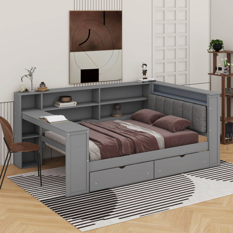 Full Size Platform Bed With Storage Shelves, Drawers, Charging Station, LED, Desk And Upholstered Headboard, Gray