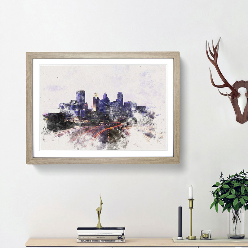 Minneapolis Skyline at Dusk Watercolour - Picture Frame Graphic Art Print, 62cm H x 87cm W x 2cm D, Oak Framed