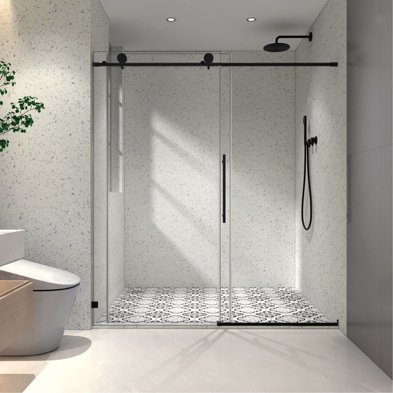 une porte de douche fixe et une porte décalée sans cadre, de grandes poulies en acier inoxydable 304 de 70 mm avec une fonction de fermeture en douceur réglable, un nettoyage facile, un bâton anti-déflagrant